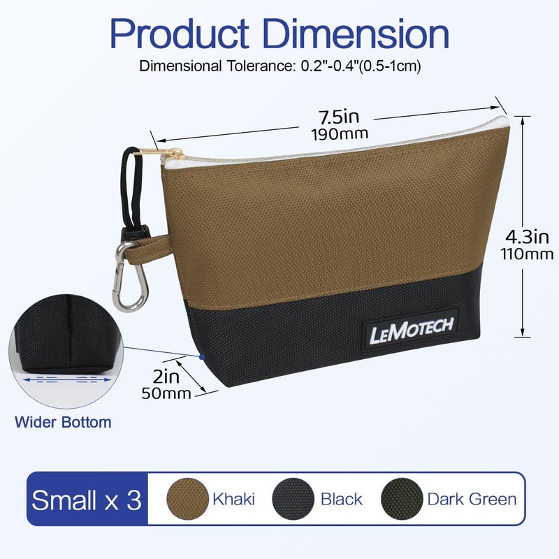 LeMotech Tool Pouches with Zipper, Water Resistant Small Tool Bags, 1680D Oxford Utility Bag for Tool Organizers and Storage, Khaki/Black/Dark Green 3 Pack - Image 4